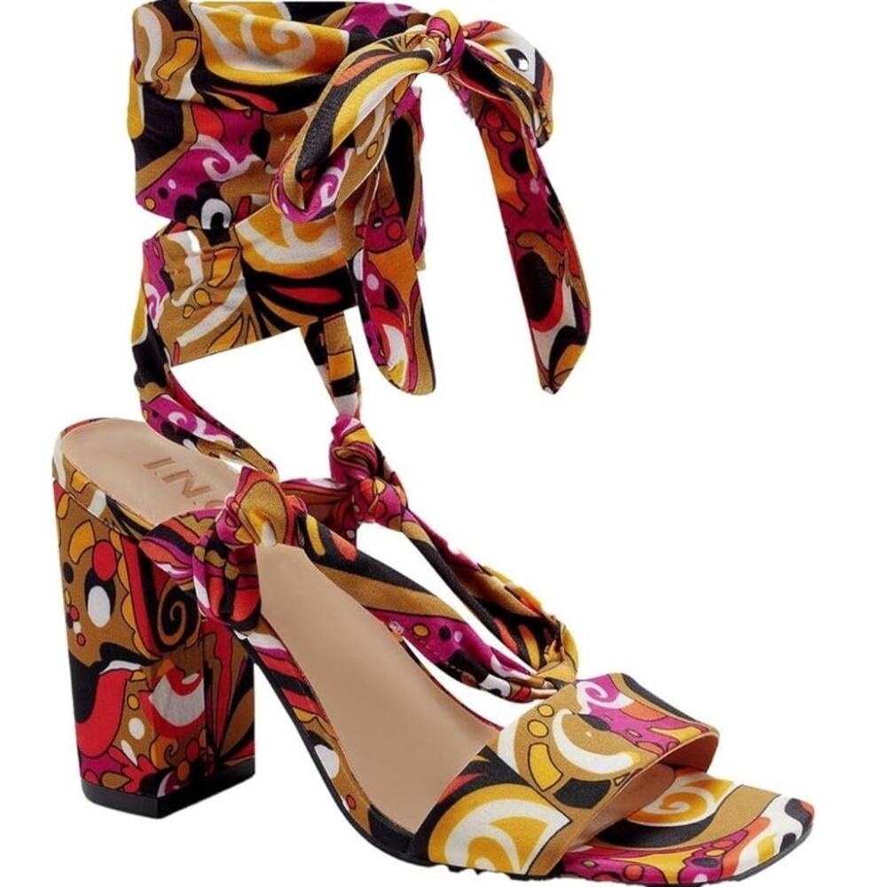 INC Womens Laeelia 70s Print Strappy Square Toe Pumps Block Heels Women's 5.5
